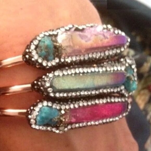 Handmade Jewelry - Raw Rainbow Aura Crystal Quartz Point + Turquoise Bangle